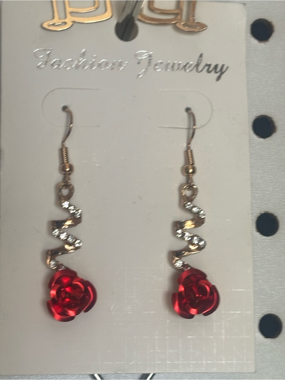 Fashion Jewelry Red Rose Drop Earrings with Gold-Tone Swirl